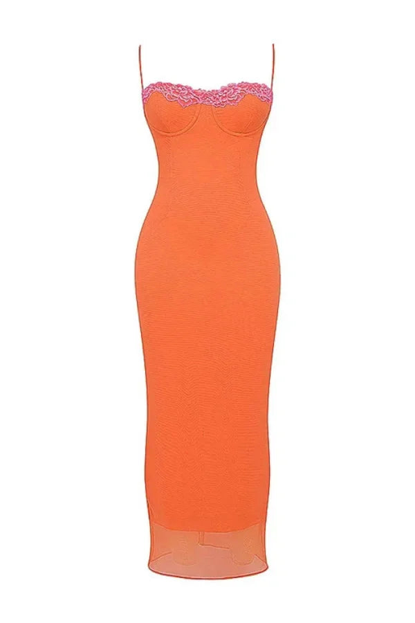 bustier top," "lace-up back," "sunset orange," "tangerine," and "statement occasion dress
