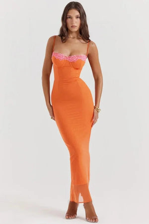 Orange Corset Midi Dress | Bodycon Bustier Slip Dress with Lace-Up Back for  Summer Vacation & Date Night