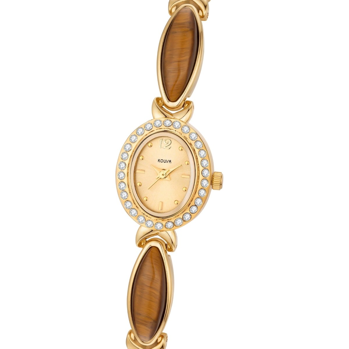 Closeup of the oval dial on the gold Kouvr Tiger's Eye watch, showing the crystal halo and gold hands.