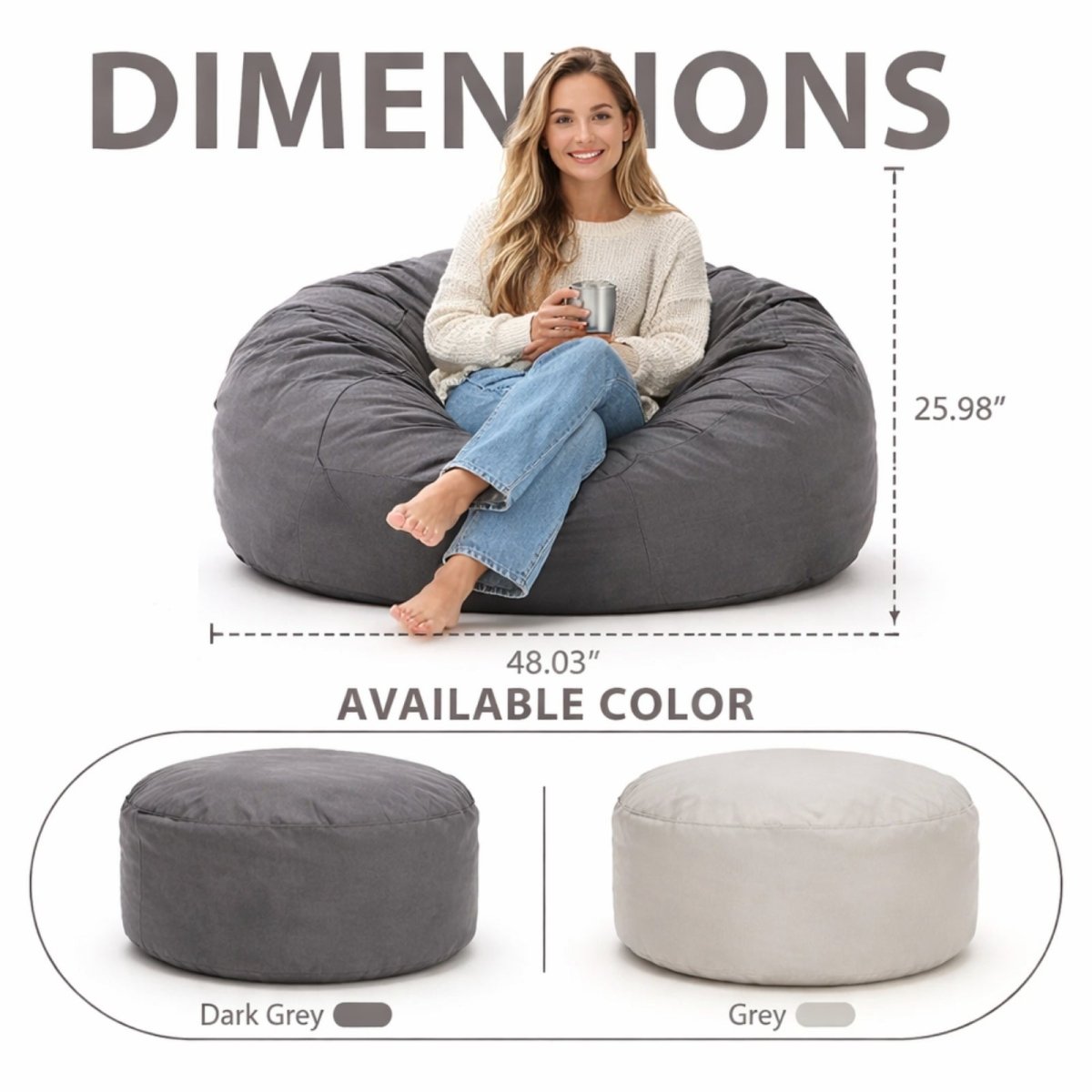 A woman sits in a dark grey bean bag chair with dimension lines showing a width of 48.03 inches and a height of 25.98 inches.