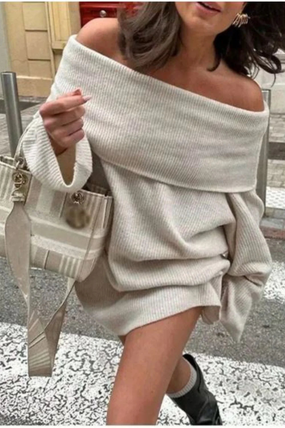 slouchy pullover," "bateau neckline," "cozy winter dress," "long sleeve knit," "Parisian style," and "effortless chic