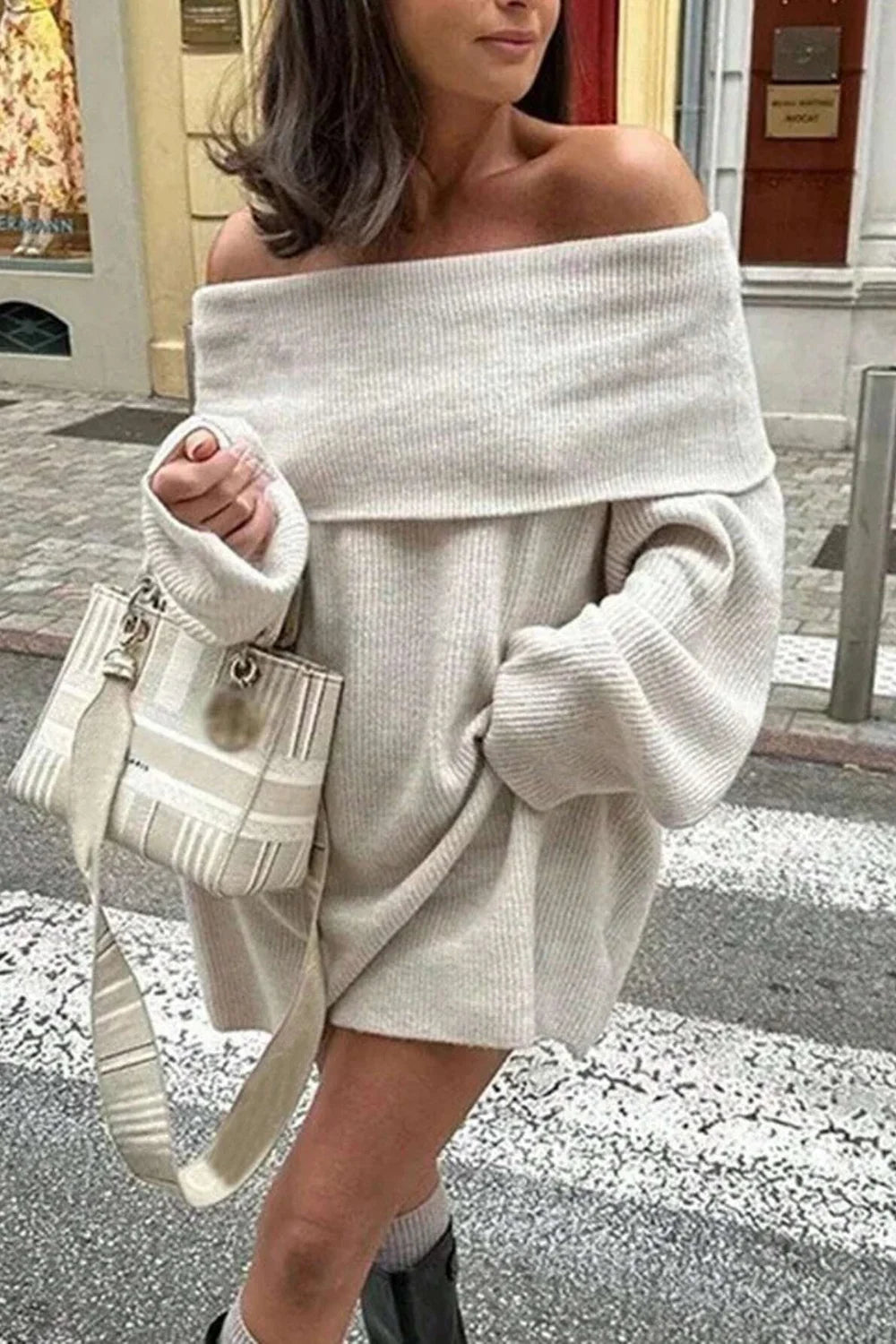 slouchy pullover," "bateau neckline," "cozy winter dress," "long sleeve knit," "Parisian style," and "effortless chic