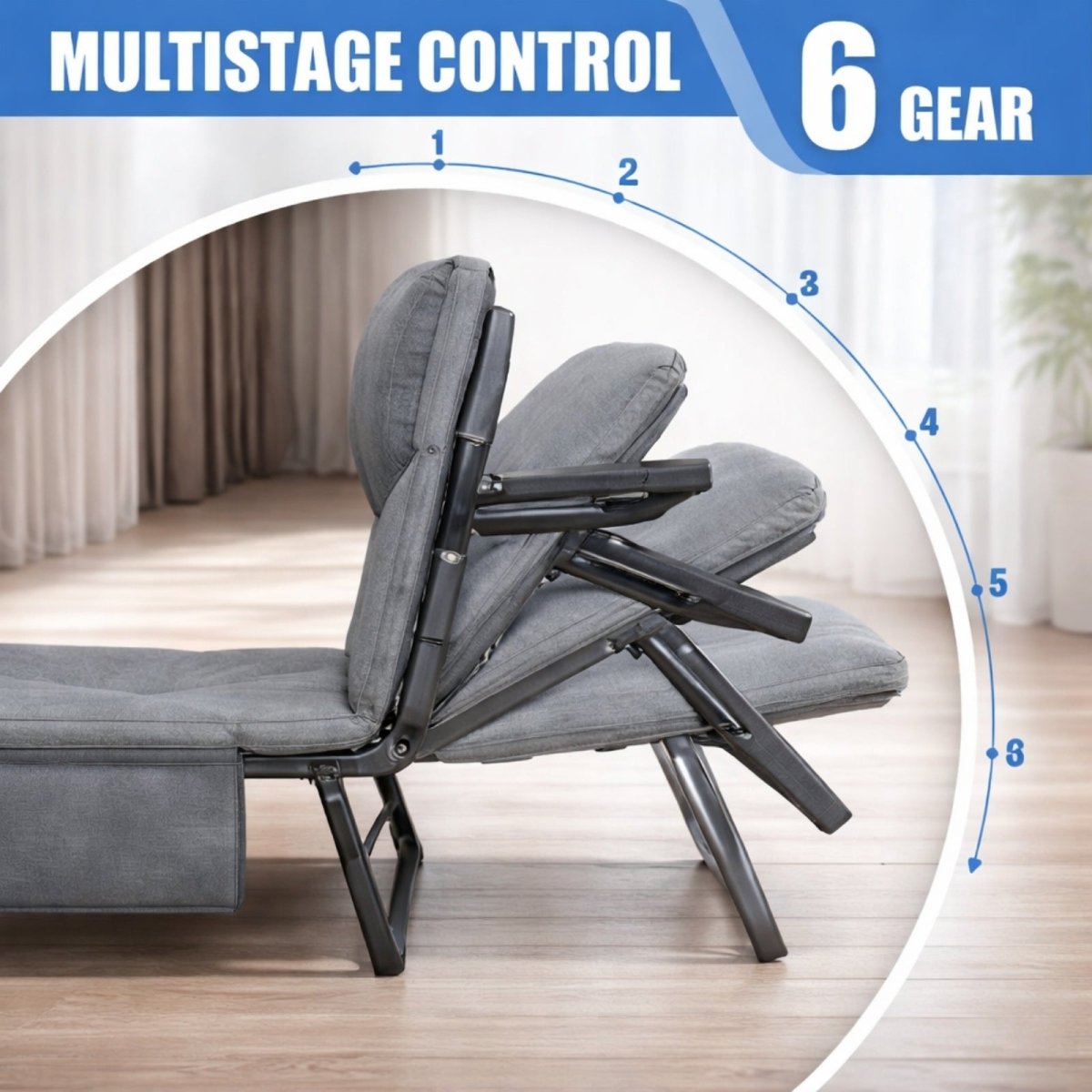 A close-up of the premium, skin-friendly grey fabric and plush padding on the Kouvr padded chaise lounge.