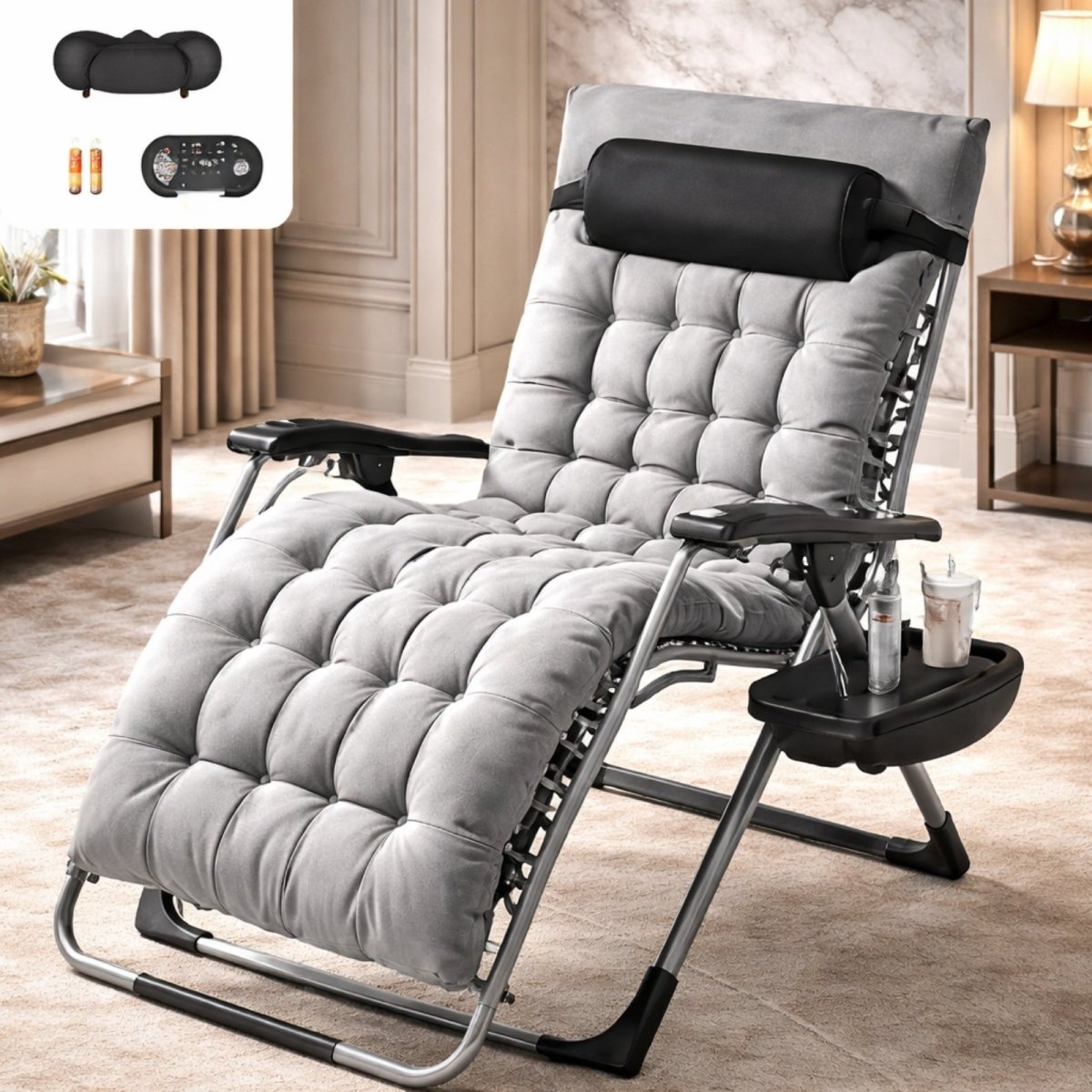 Gray padded Kouvr zero gravity chair fully reclined in a modern, sunlit living room, showcasing its plush tufted cushion.