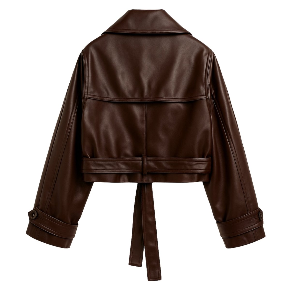 Model wearing Kouvr's Dark Brown cropped faux leather trench jacket with belted waist