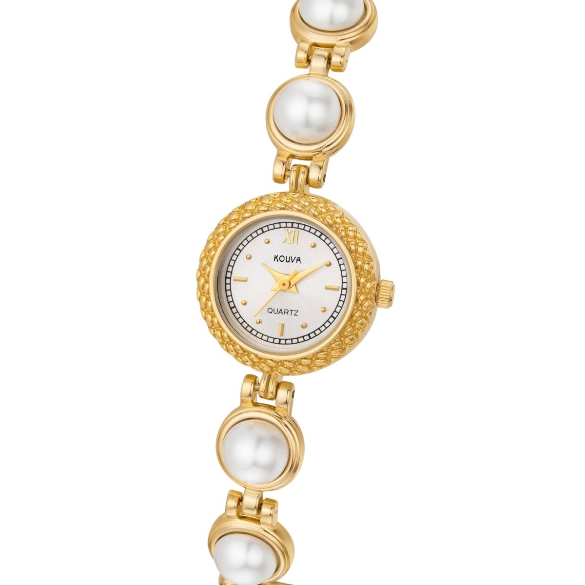 Gold kouvr watch with pearl-like beads on a white background