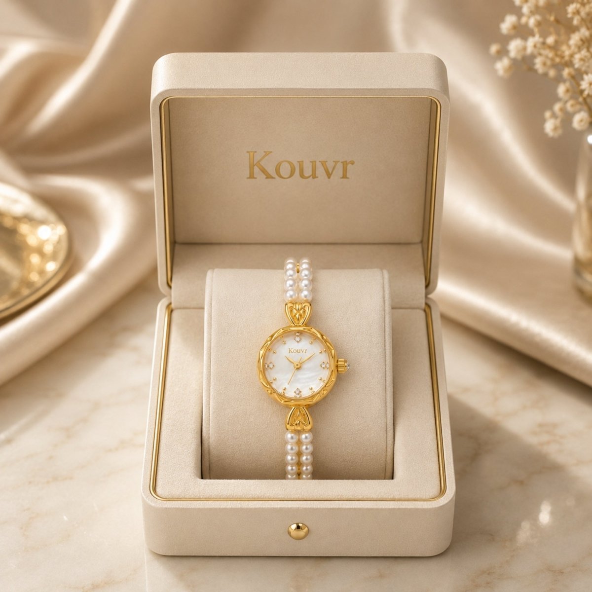 Kouvr gold dainty women's watch with real pearl bracelet displayed in a luxury beige gift box.