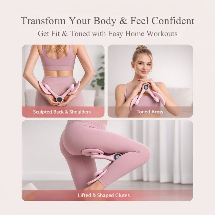 A blonde woman in pink activewear lies on a purple yoga mat, performing a glute bridge exercise while holding the pink KOUVR pelvic floor trainer between her thighs. The digital counter is visible