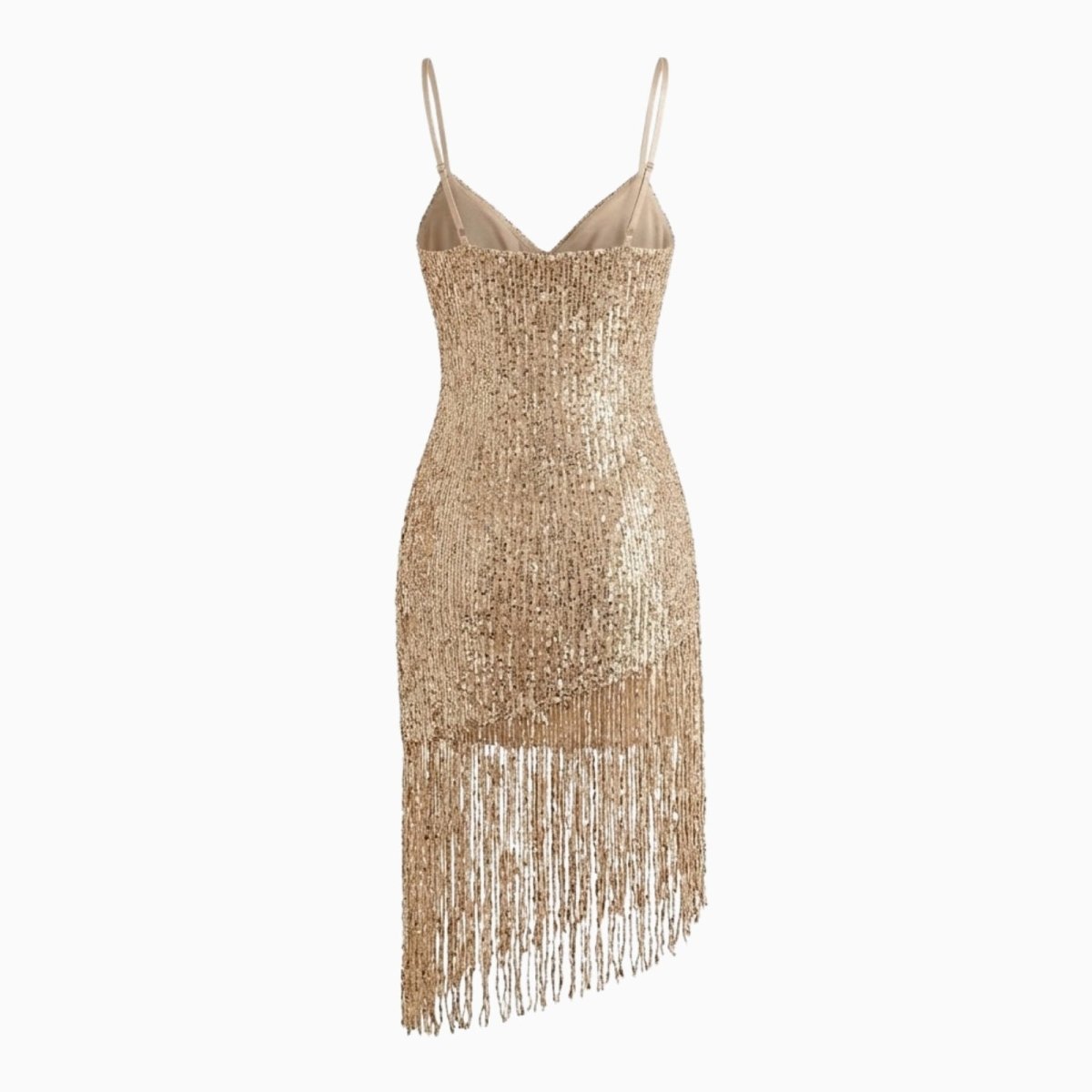 Back view flatlay of the Kouvr spaghetti strap sequin mini dress showing the full fringe length.