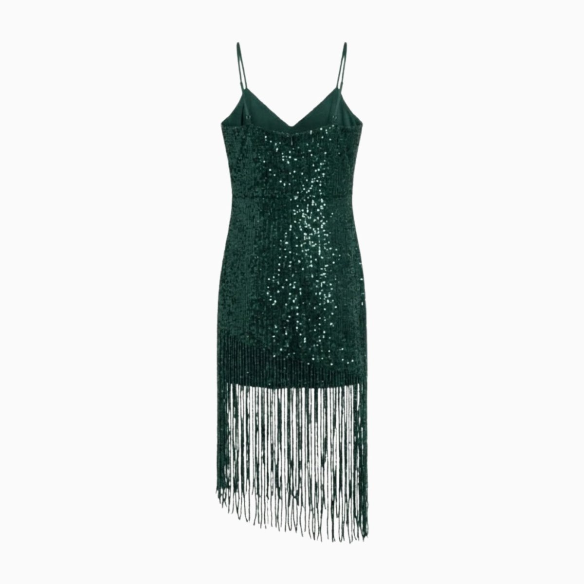 Flatlay showing the back of an dark green sequin mini dress with spaghetti straps and tassel fringe.