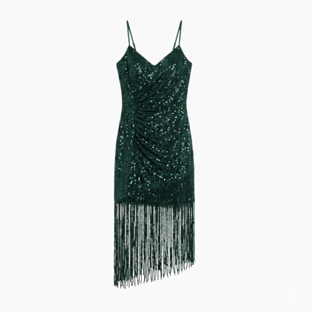 Product photo of an dark green V-neck sequin dress with asymmetrical fringe detail on a white background.&nbsp;