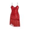Product shot of the Kouvr Phaedra red sequin fringe dress laid flat, showing the v-neckline, side ruching, and asymmetrical fringe in detail.