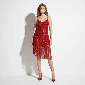 Sequin Fringe Cocktail Dress with Asymmetrical Hem | V-Neck Ruched Party Dress for Holiday & NYE | Bodycon Cami Mini Evening Gown | Kouvr Fashion Sequin Fringe Cocktail Dress with Asymmetrical Hem | V-Neck Ruched Party Dress for Holiday & NYE | Bodycon Cami Mini Evening Gown | Kouvr Fashion