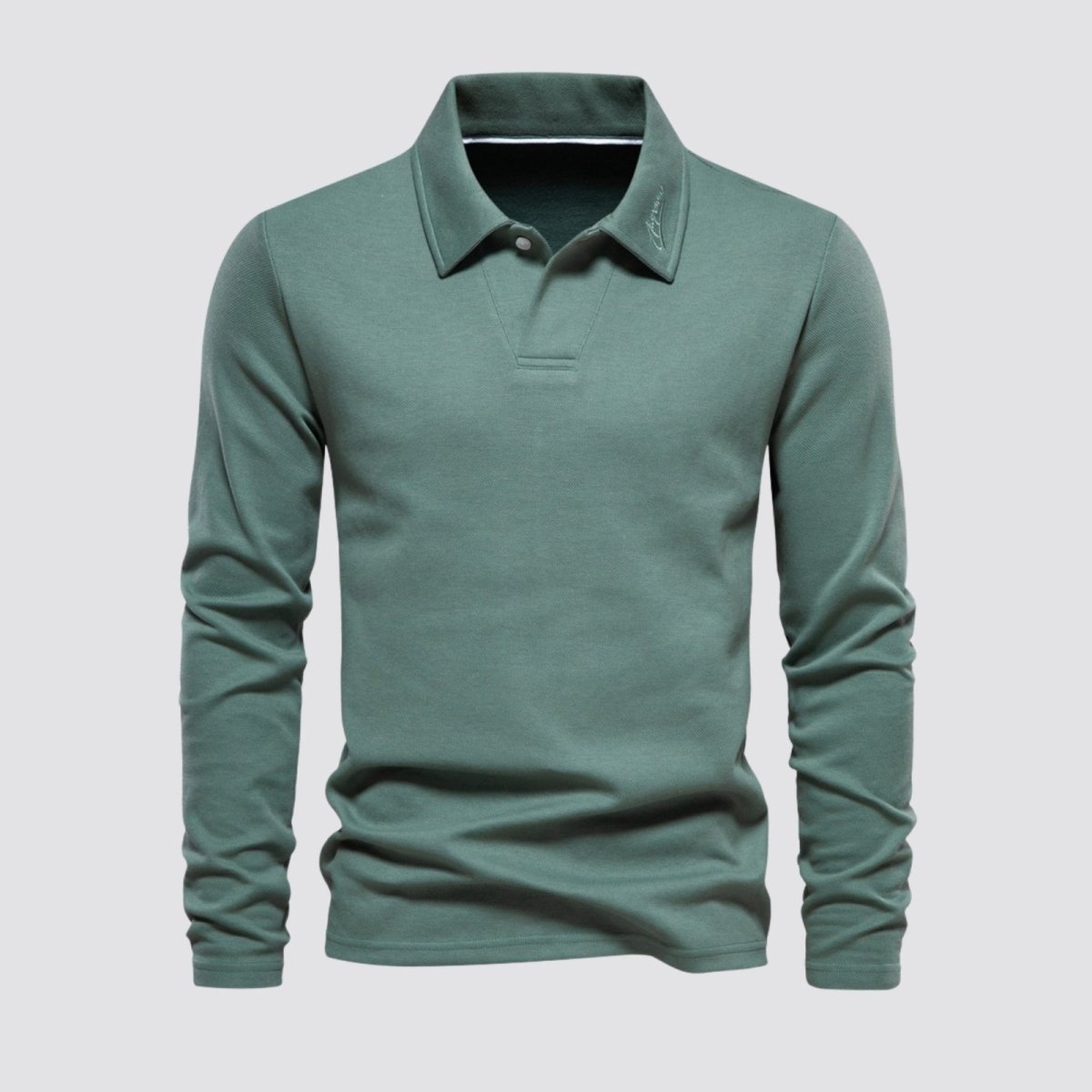 Product shot of the Kouvr men's sage green long sleeve polo shirt on a light grey background.

