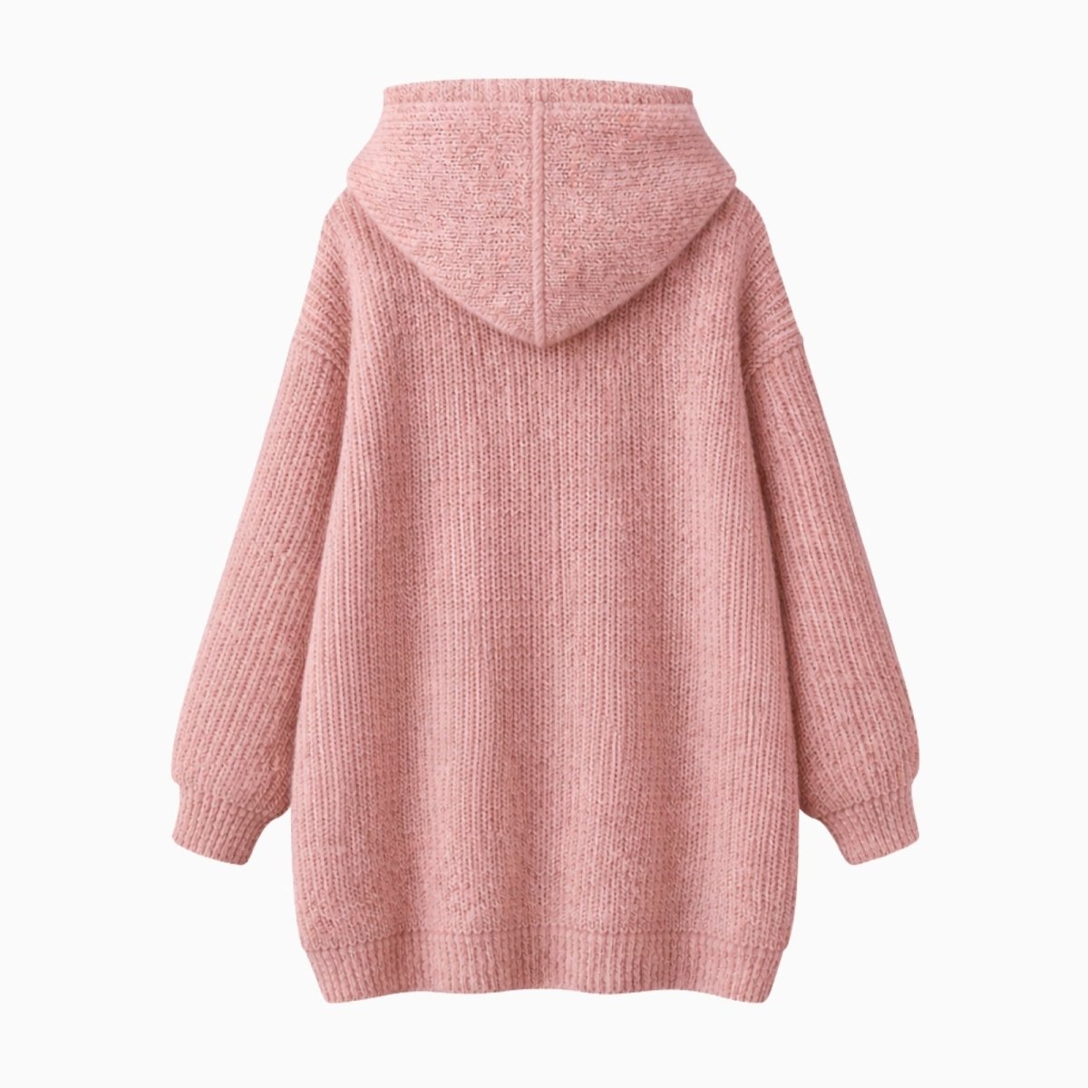 Flat lay of the back of the Kouvr oversized sweater hoodie in pink, detailing the seam of the hood and the ribbed knit construction.