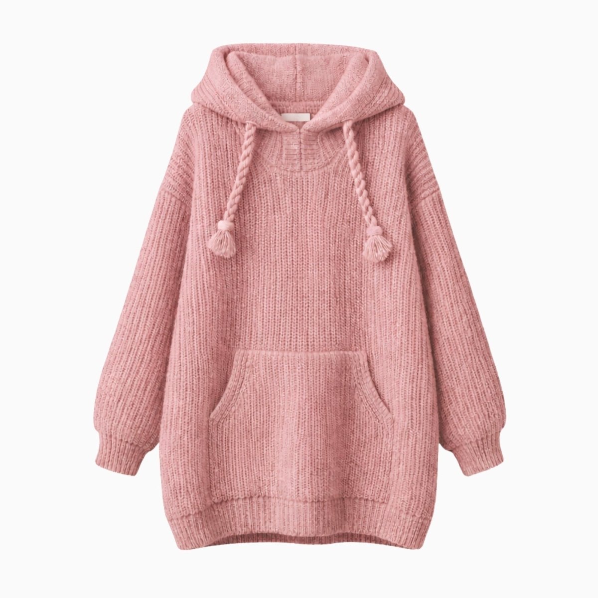 Flat lay product shot of the Kouvr pink knit hoodie, showcasing the braided tassel details and soft wool blend fabric.
