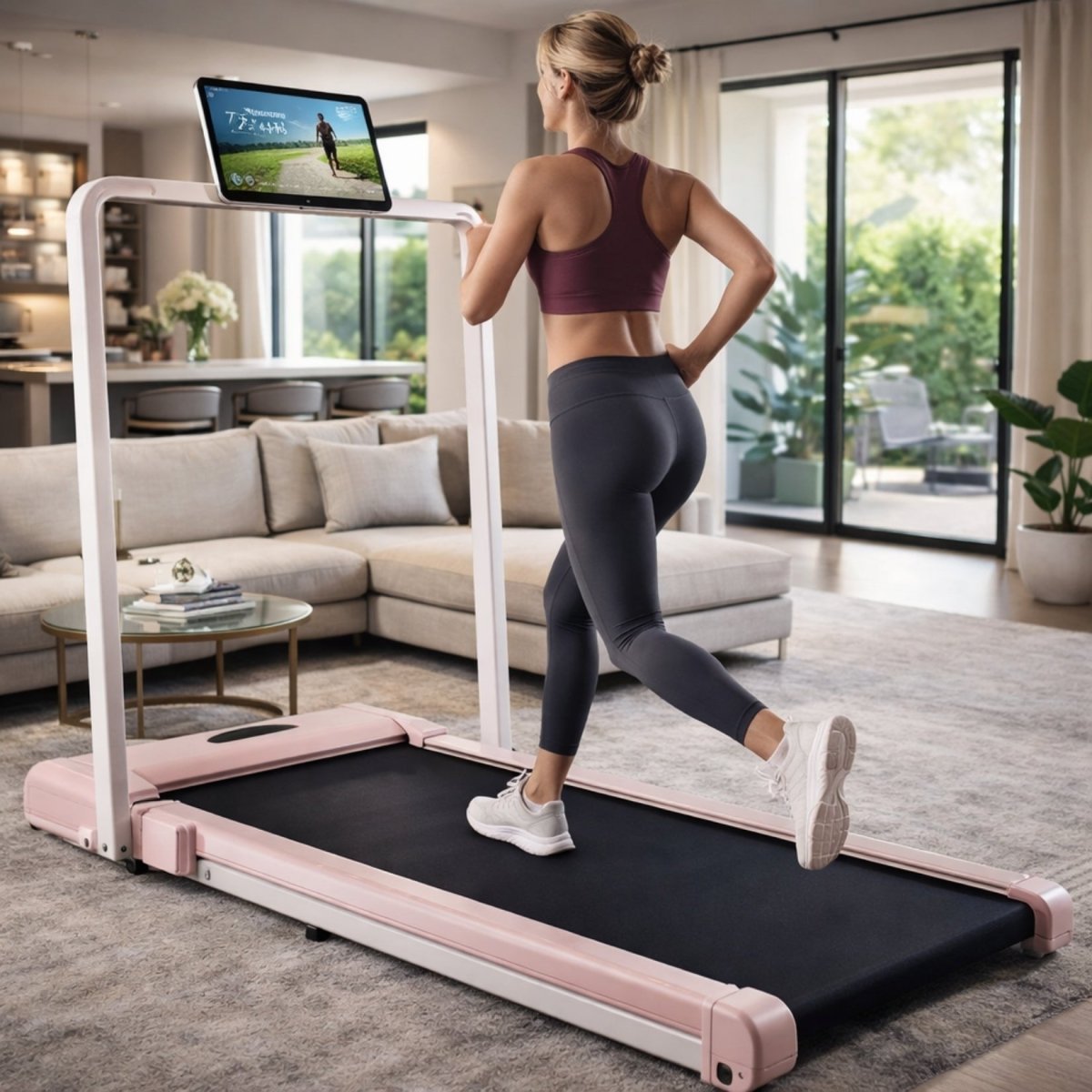 Fit woman running on pink compact Kouvr treadmill featuring a smart virtual running display screen