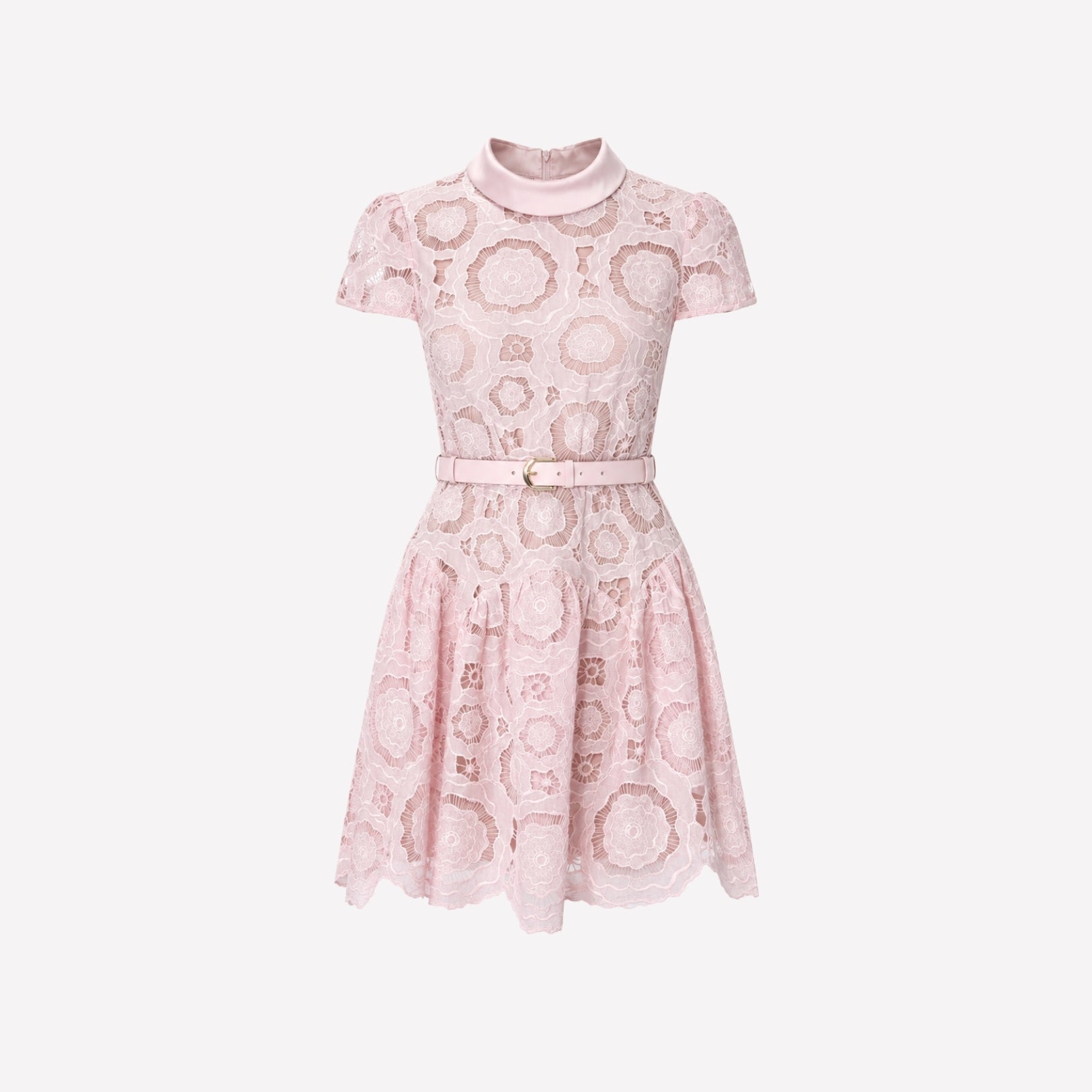 Flat lay front view of Kouvr pink floral lace mini dress featuring peter pan collar and matching belt.