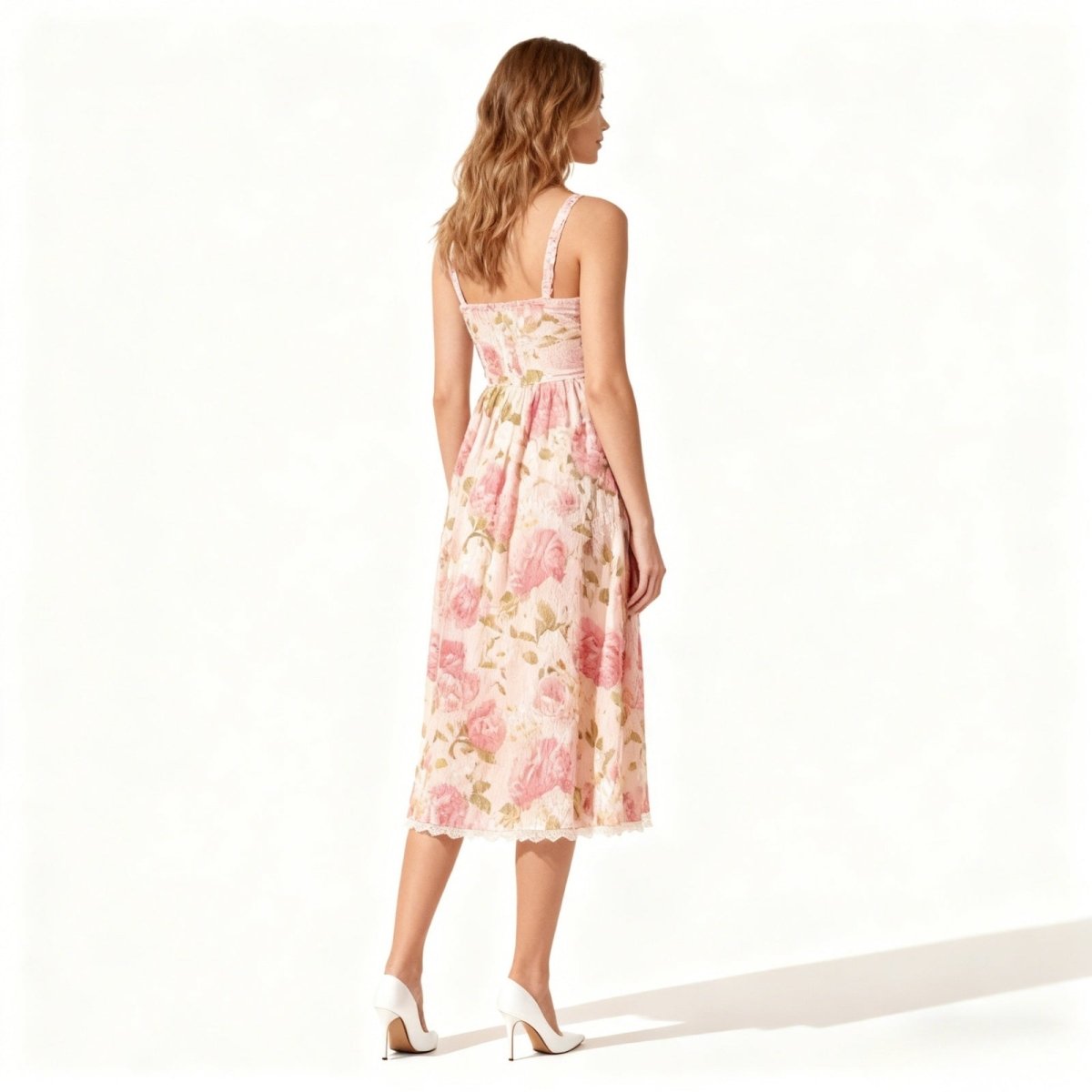 Woman wearing a pink kouvr floral dress on a white background