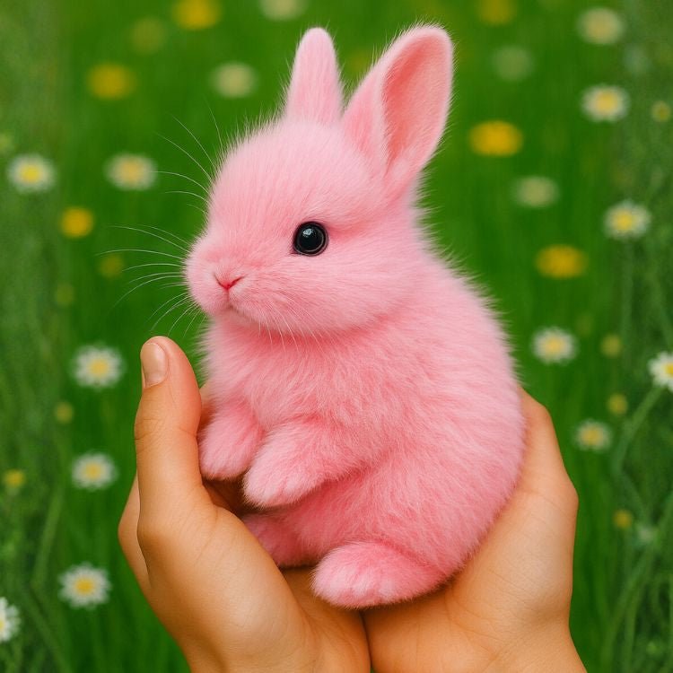A small, fluffy, lifelike pink interactive robot bunny toy from Kouvr held gently in a person's hands in front of a green field with flowers.
