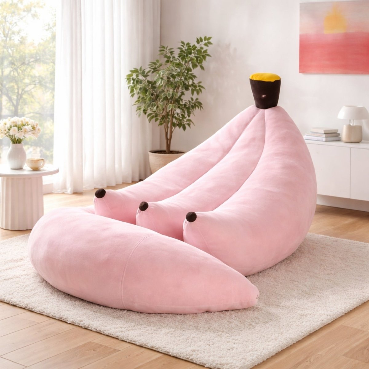 Pastel pink banana bean bag chair styled in a soft aesthetic bedroom, ideal for kawaii or preppy room decor.
