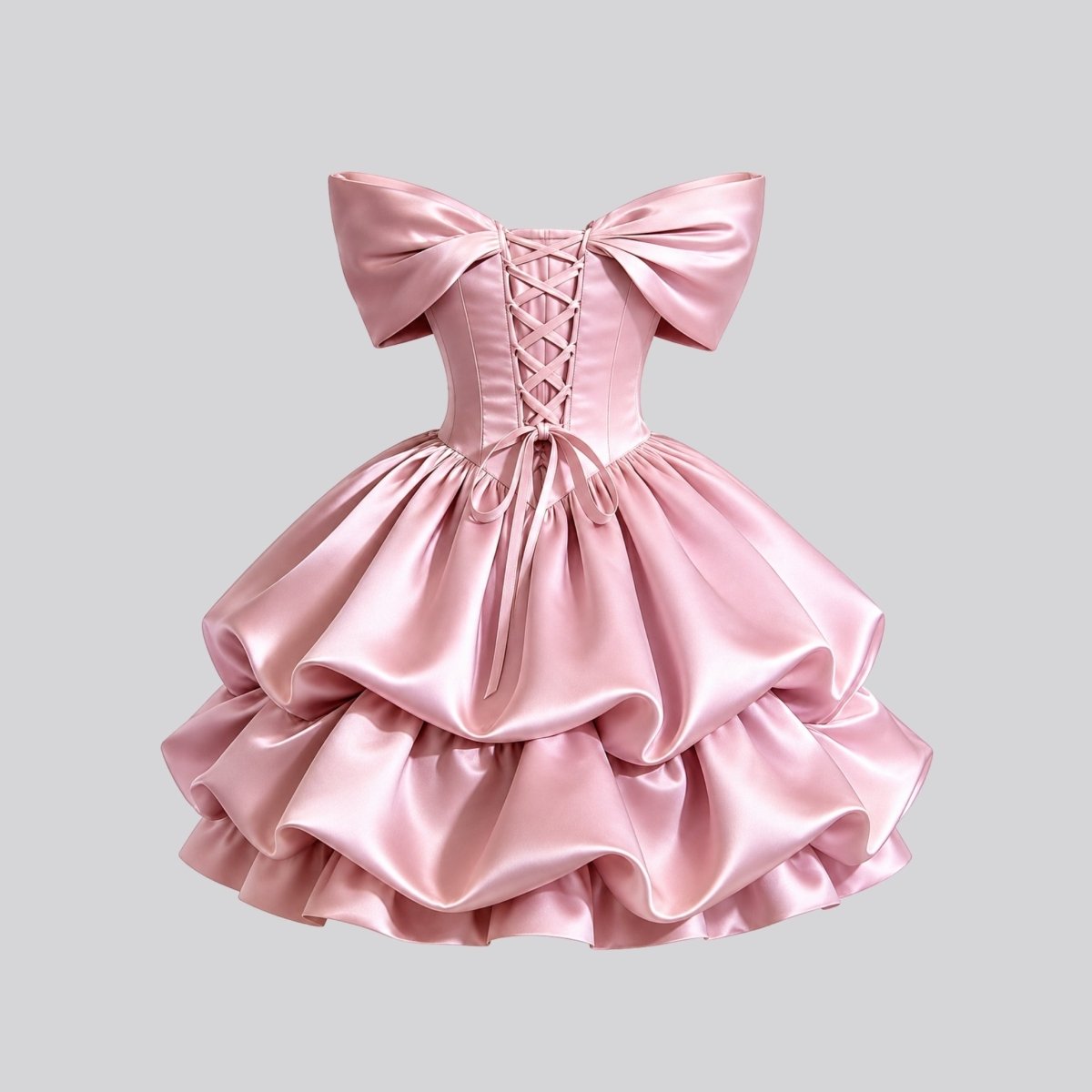 Back flat lay view of pink satin corset dress showing intricate lace-up ties and ruffled skirt construction.