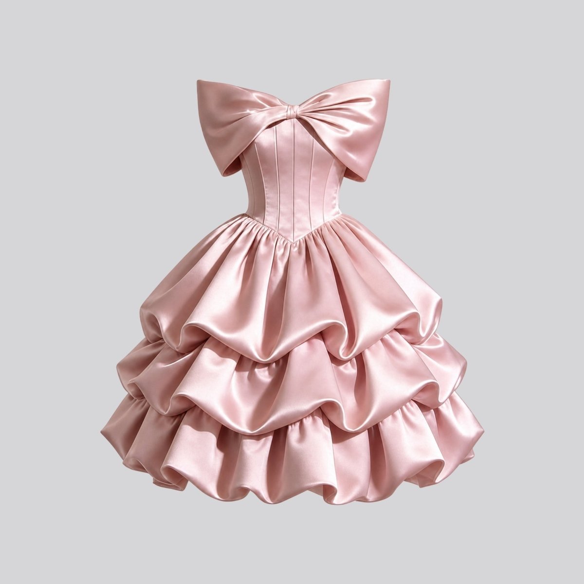 Front flat lay view of pink satin off the shoulder mini dress featuring structured boning and bubble hem tiers.