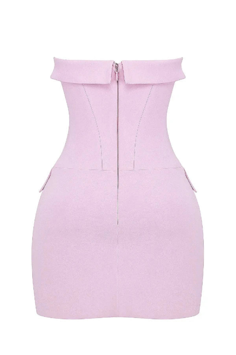 Model wearing the Kouvr strapless pink corset mini dress at an event