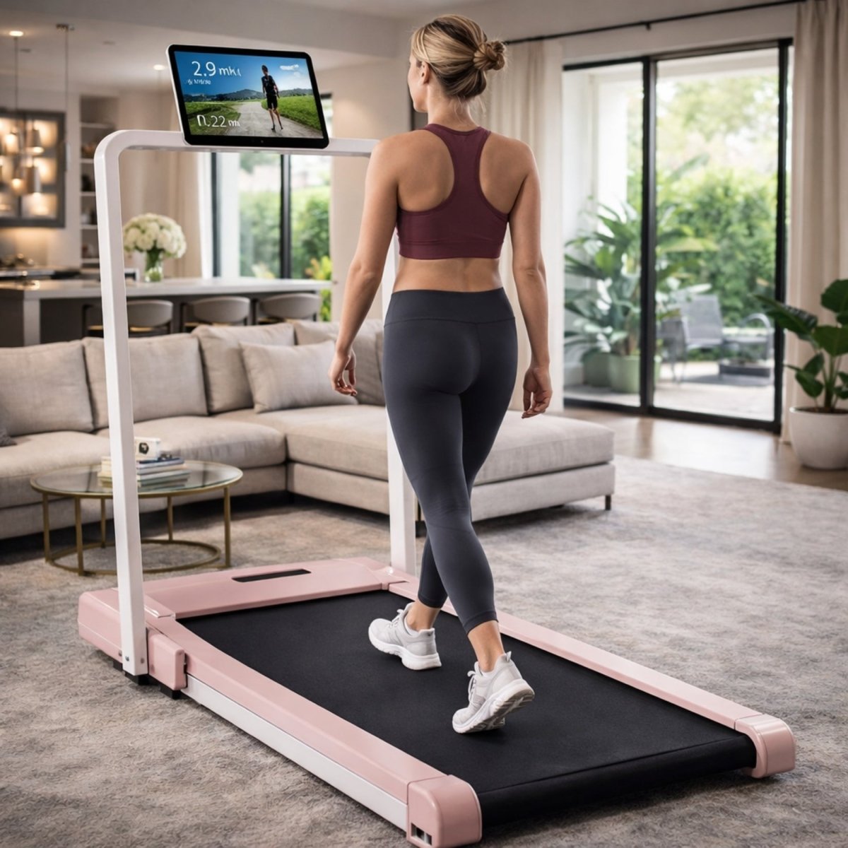 Elegant pink Kouvr folding treadmill being used for walking in a contemporary living space and home office
