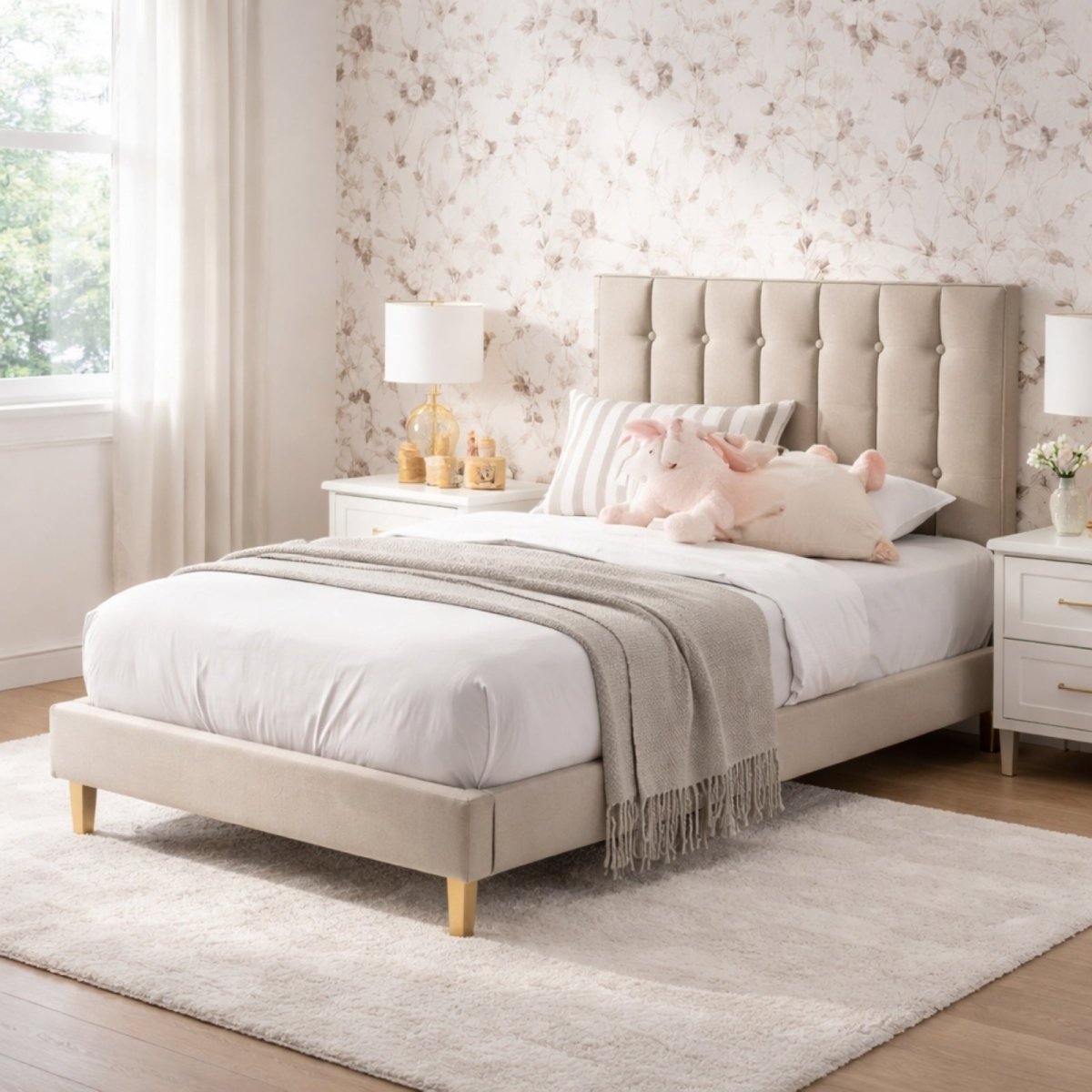 Straight on view of pink velvet upholstered bed frame showing symmetry of vertical tufting and sturdy construction for children's rooms.