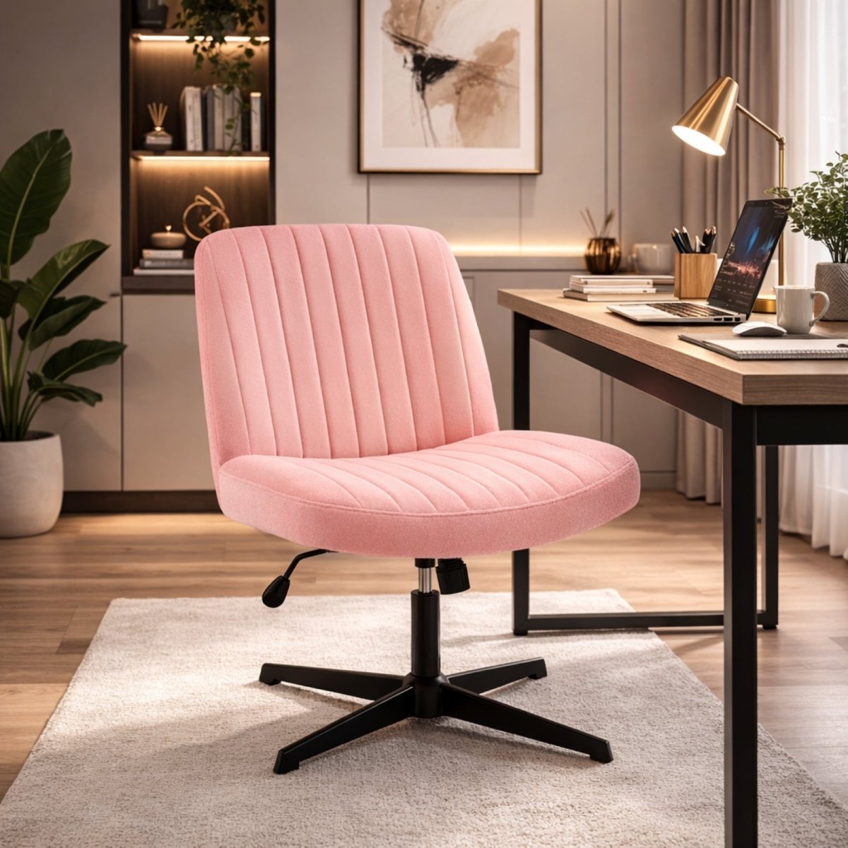 Soft pink textured armless chair with height adjustment lever, ideal for teen bedroom or makeup vanity.
 