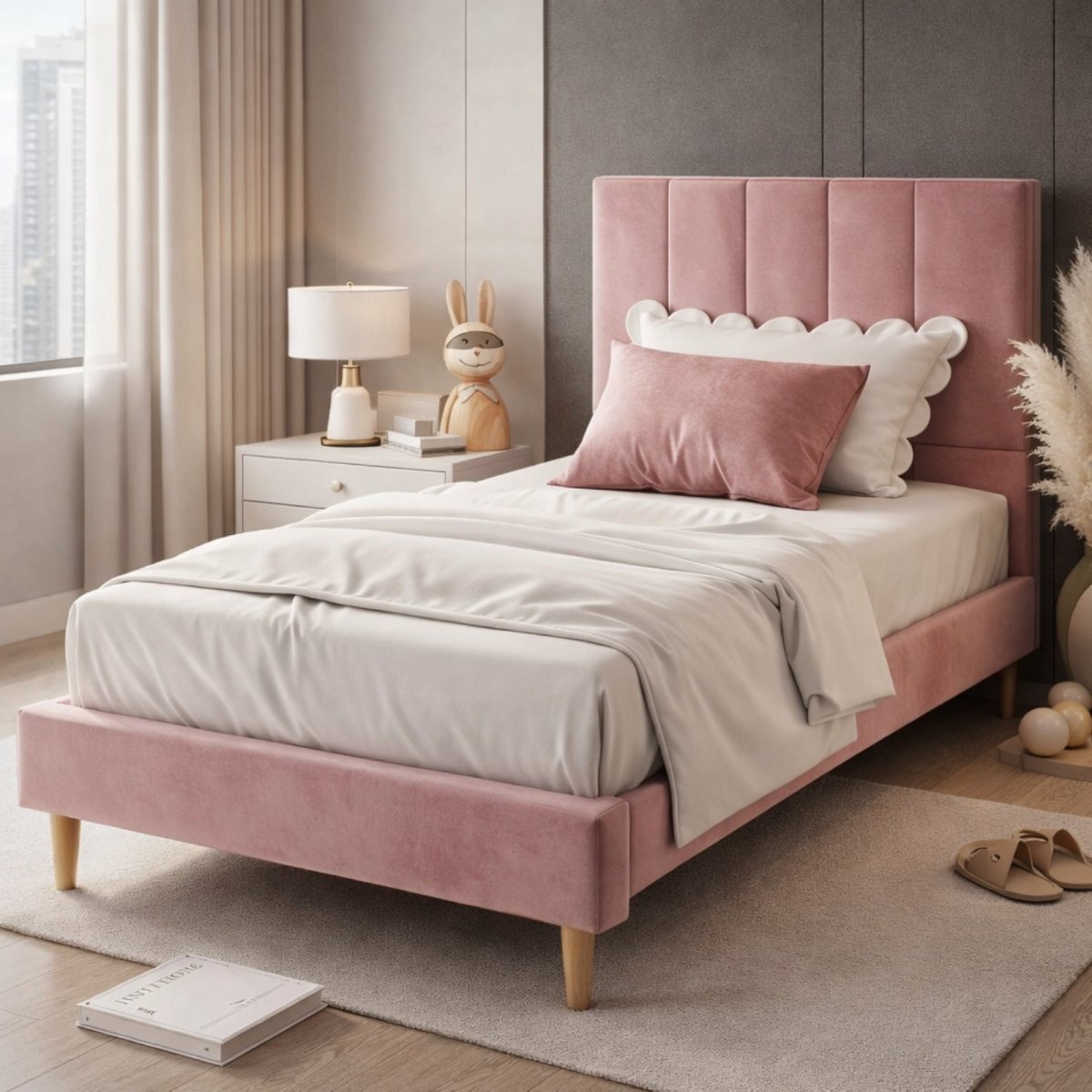 Side angle of blush pink velvet twin bed frame showing solid wooden legs and low profile design, perfect for a girl's luxury bedroom theme.