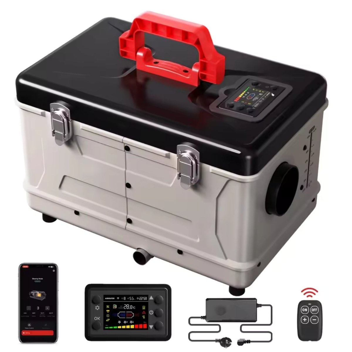 Kouvr all-in-one portable diesel heater, shown with the smartphone app, LCD controller, remote, and power adapter.