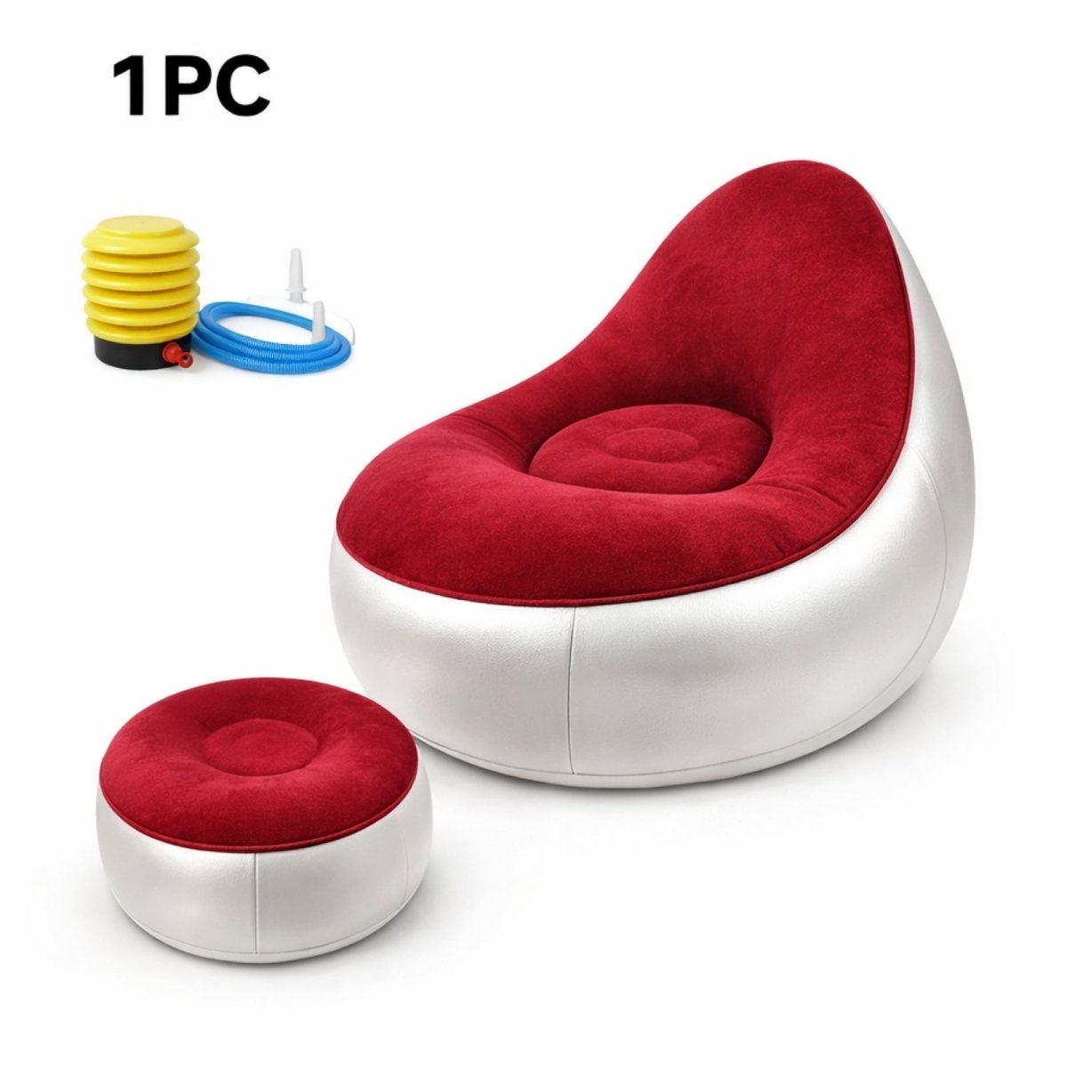 The red and white Kouvr inflatable lounge chair and ottoman set placed on a green lawn in a modern outdoor patio setting, ideal for backyard comfort.
