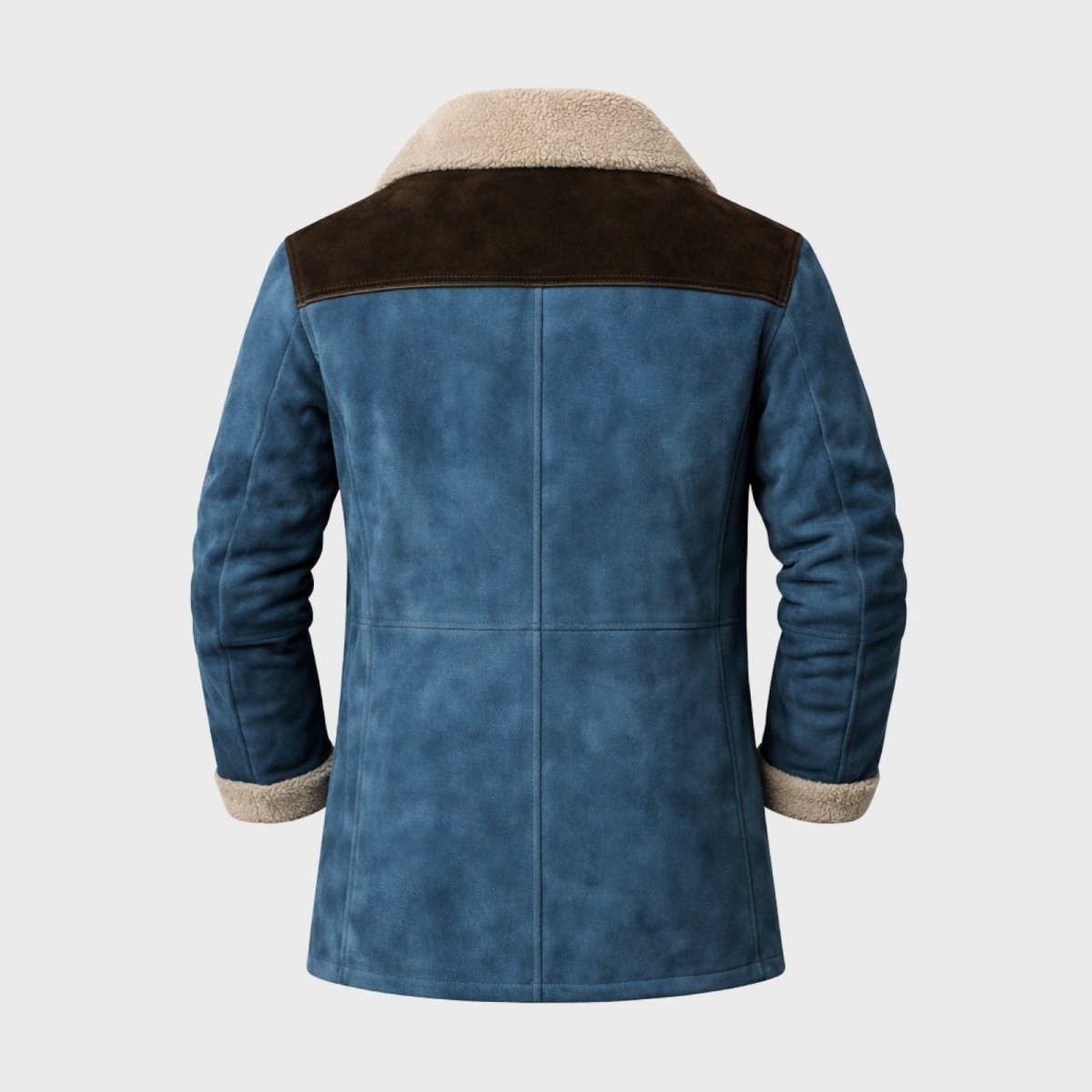 Product shot of the back of the Kouvr men's blue suede trucker style winter coat.