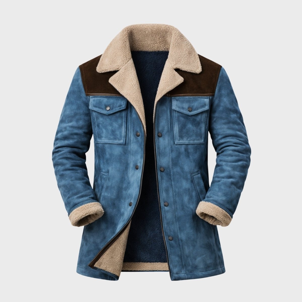 Product shot of the Kouvr men's blue suede shearling-lined jacket with a brown collar, open front view.