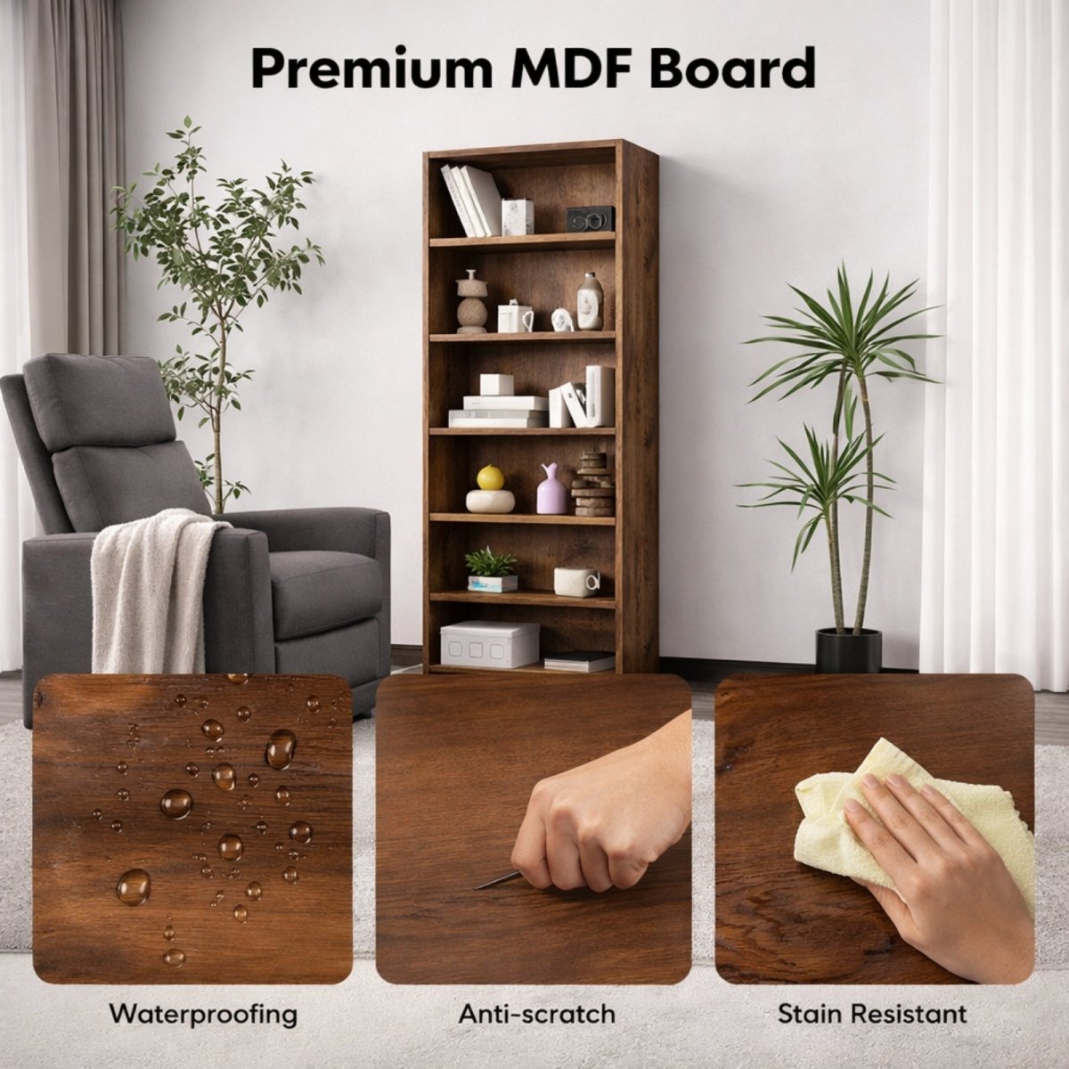 Feature callouts for the Kouvr bookcase highlighting its premium MDF board which is waterproof, anti-scratch, and stain-resistant.