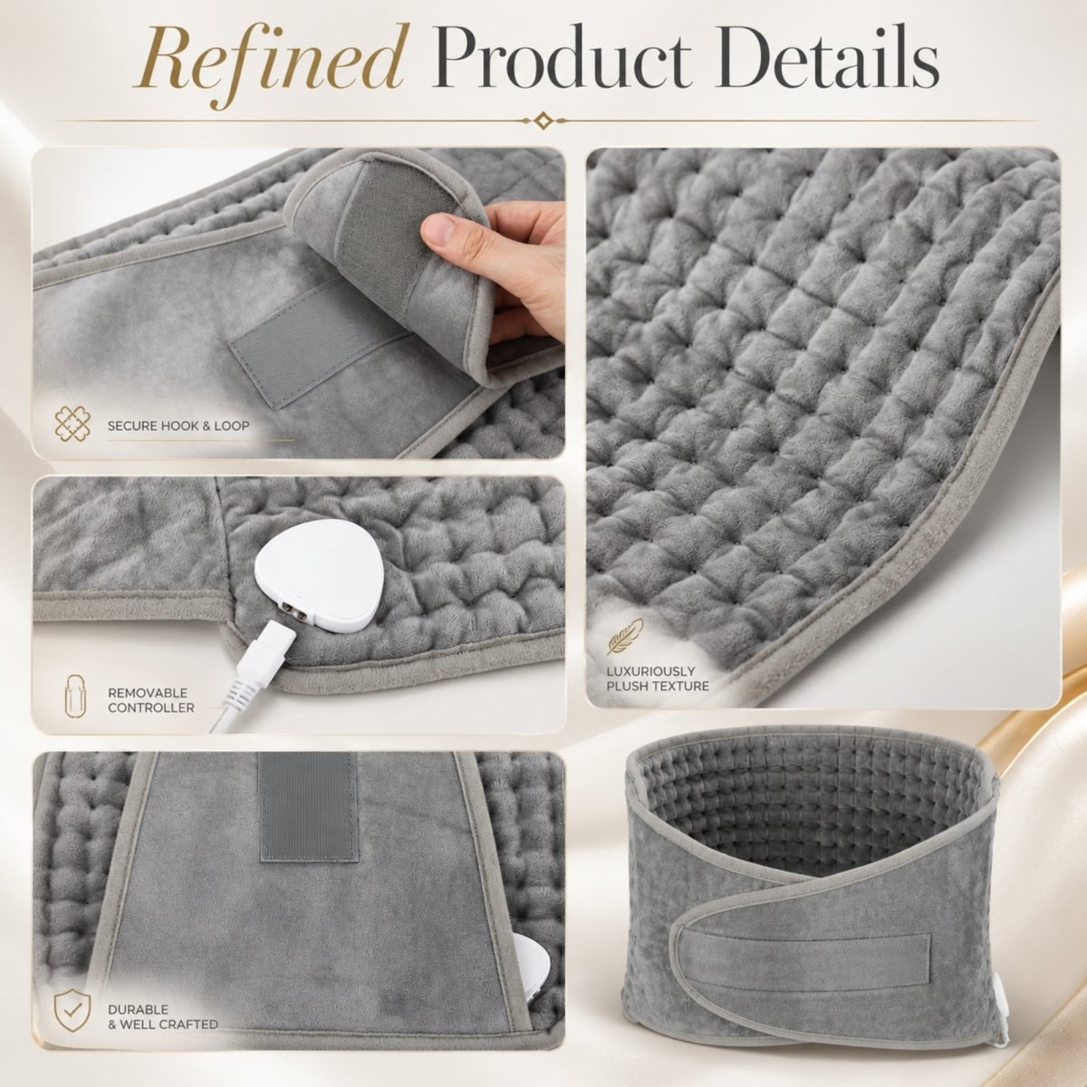 Detailed views of Kouvr premium product details showing the secure hook and loop closure, removable controller cord plug, and luxuriously plush quilted texture.