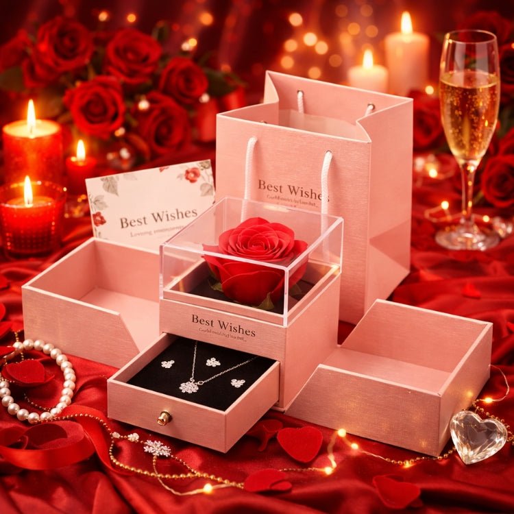 A blush pink preserved rose jewelry gift box by Kouvr, an elegant and romantic gift for a wife or girlfriend with a real eternal rose and complete jewelry set.
