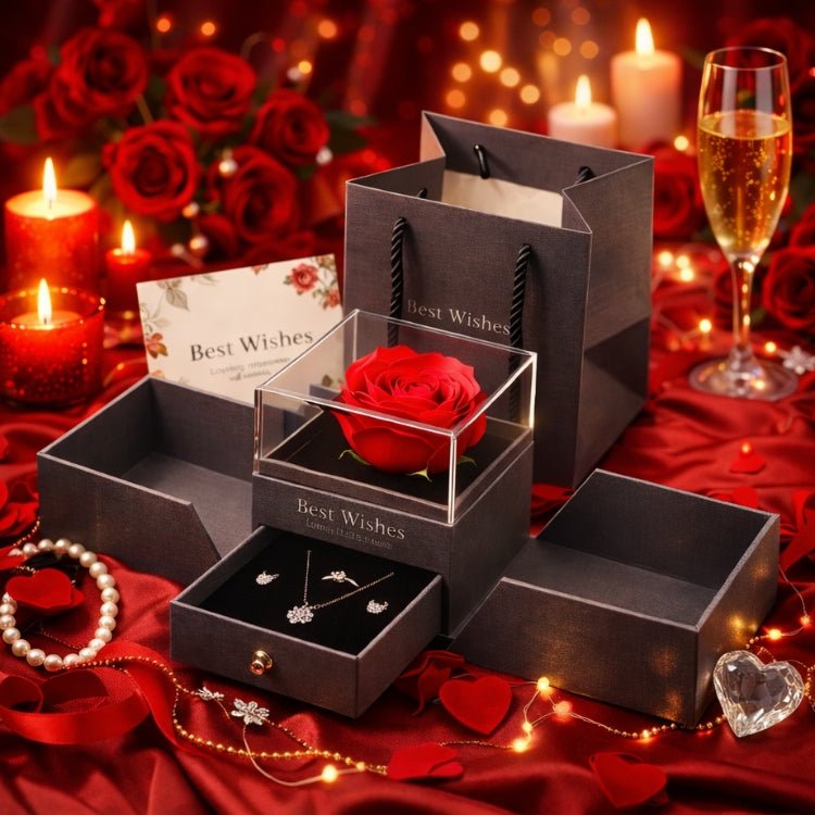 The charcoal grey Kouvr eternal rose jewelry gift set featuring a real red rose and a sterling silver jewelry set, presented as a Valentine's Day or anniversary gift for her.