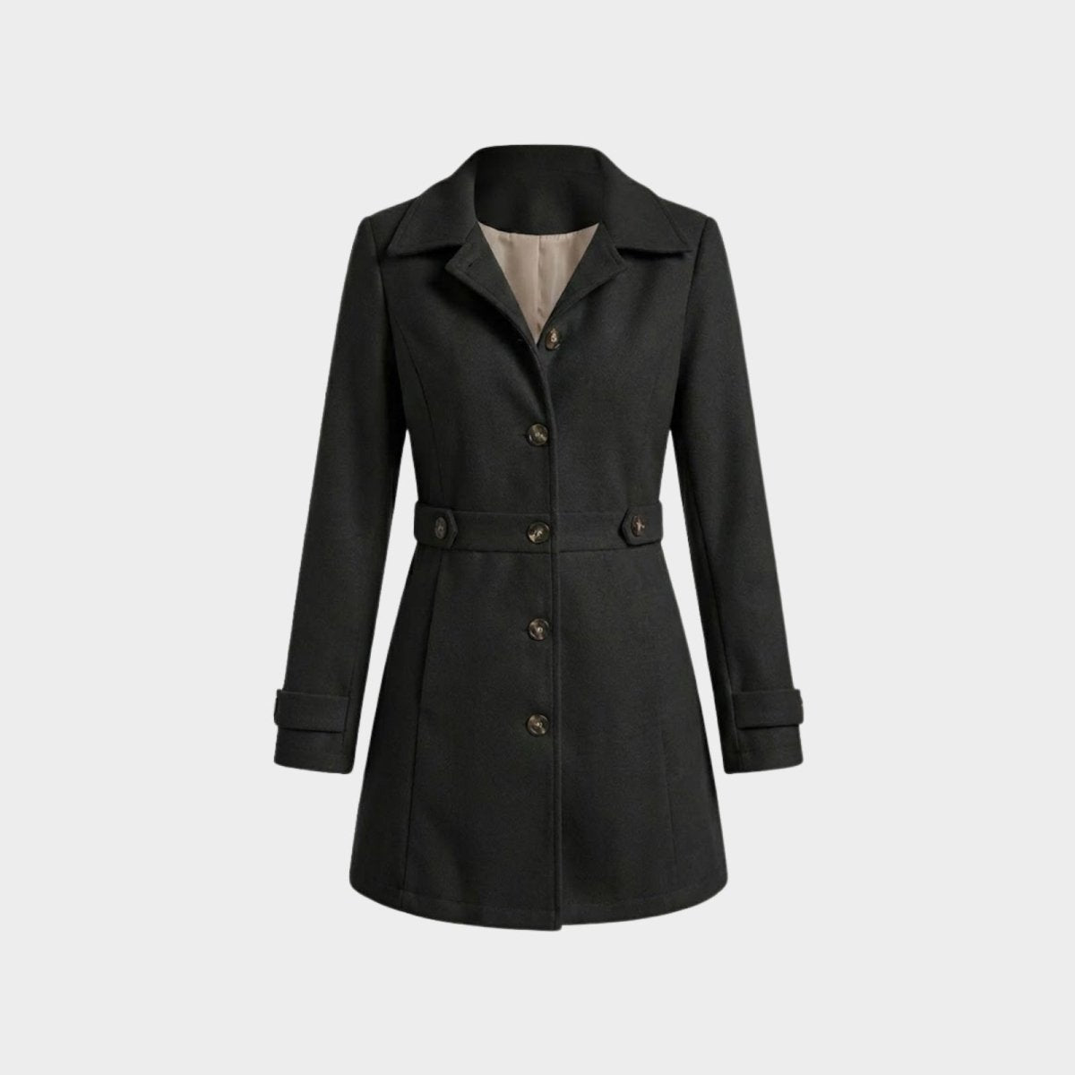 Product-only image of the Priscilla black wool trench coat buttoned up, showing the notched lapels, belt, and cuff details on a light grey background.