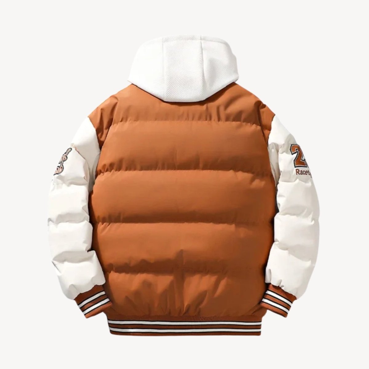 Rear product view of the Kouvr cognac camel puffer jacket, detailing the embroidered patches on the back of the sleeves.