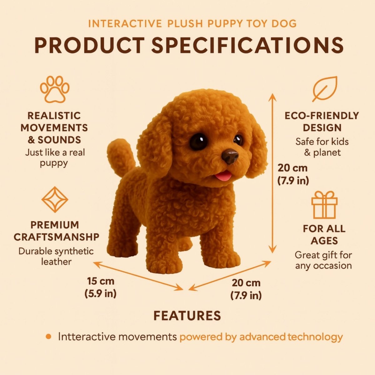 Product specifications for the "Puppie" interactive toy, showing dimensions (20cm x 20cm x 15cm) and features like realistic movements and eco-friendly design.
