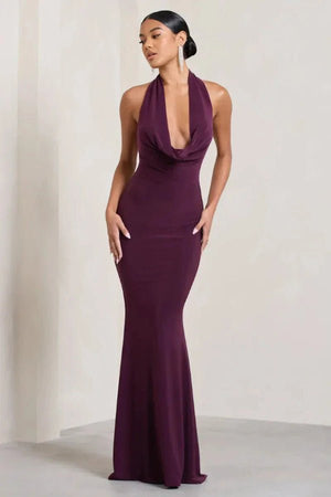 Purple Cowl Neck Backless Halter Gown | Mermaid Formal Maxi Dress for Gala  Wedding Guest | Aubergine Floor-Length Evening Gown by Kouvr