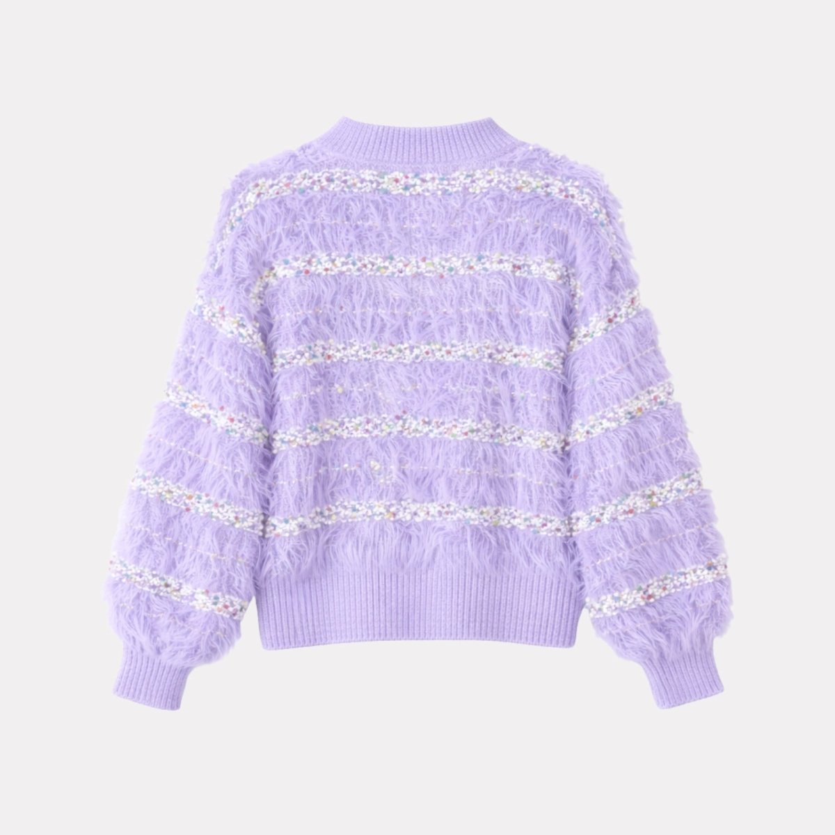 Flatlay of the back of the Kouvr pastel purple textured knit cardigan against a light background.