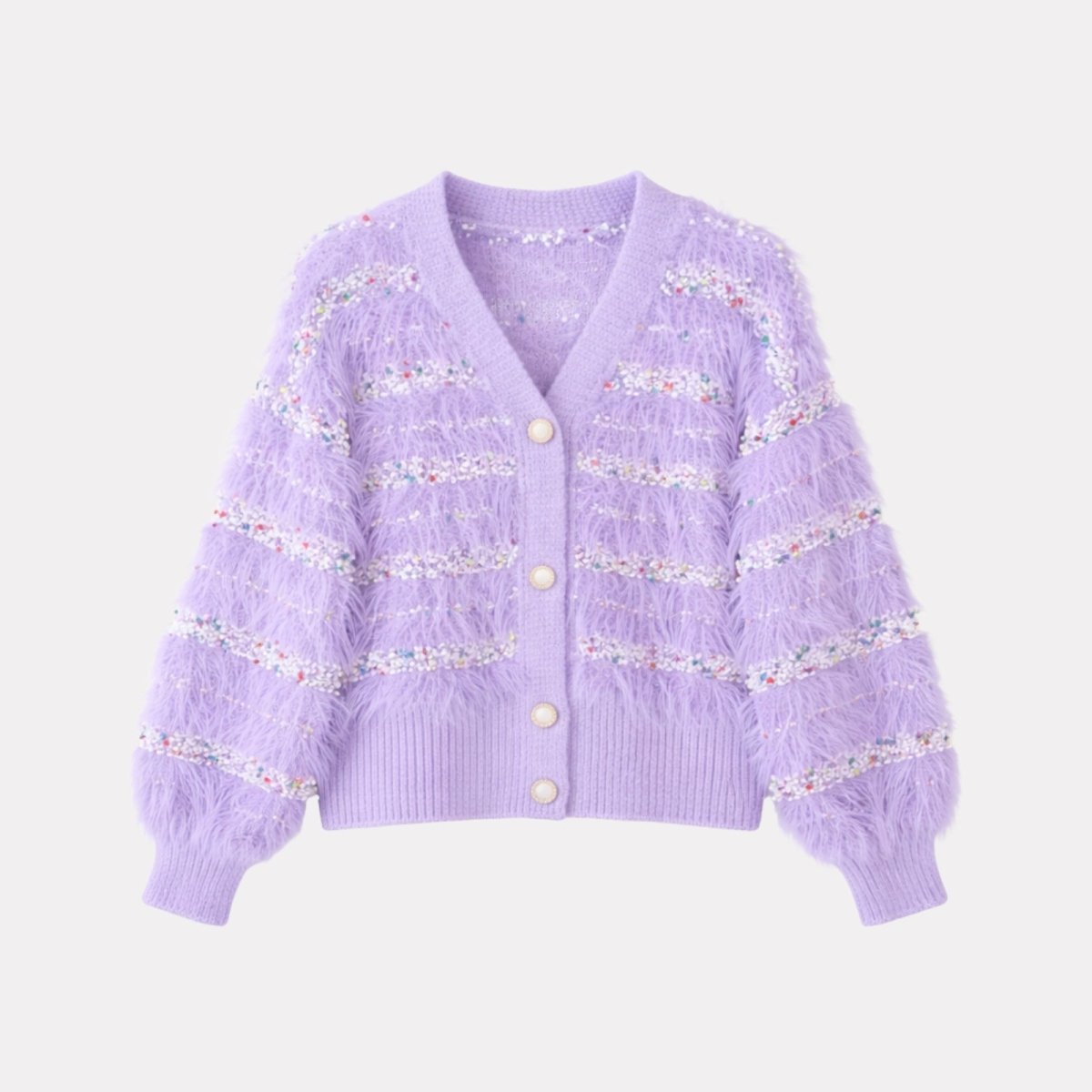 Flatlay product shot of the Kouvr v-neck lilac cardigan, highlighting the fuzzy texture and pearl buttons.