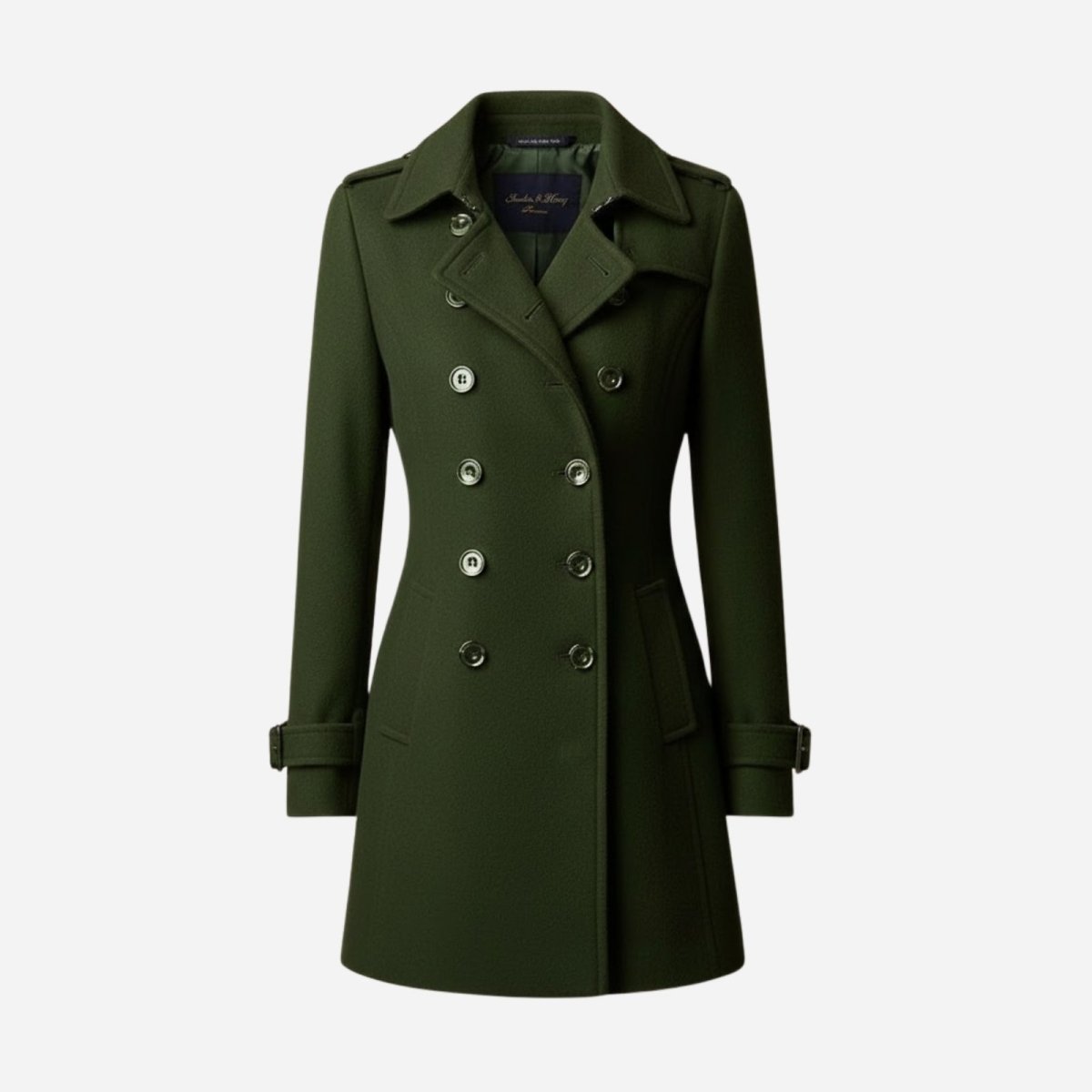 Flat lay product shot of the Kouvr Rachelle double-breasted wool trench coat in forest green, buttoned up.