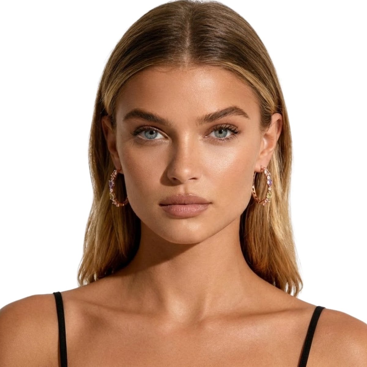 Model with blonde hair and blue eyes wearing Kouvr Raelynn pastel rainbow hoop earrings, facing the camera to show how they frame the face.
