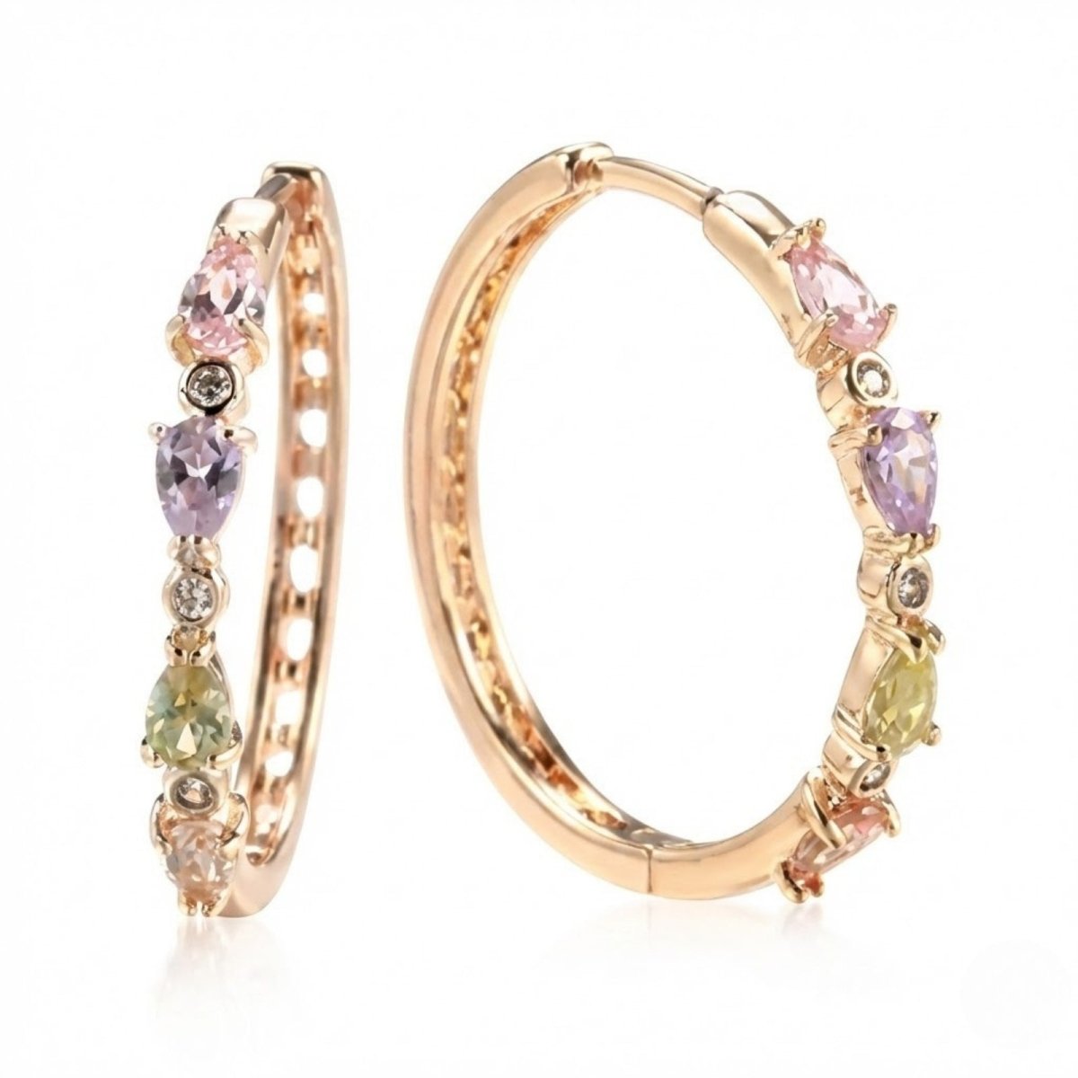 A pair of Kouvr Raelynn multi-gemstone hoop earrings in 18K rose gold with pastel pear-cut gems and diamond accents on a white background.