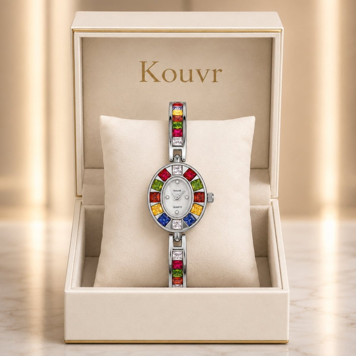 Kouvr womens silver oval watch with rainbow crystal bezel presented elegantly in a cream luxury presentation gift box